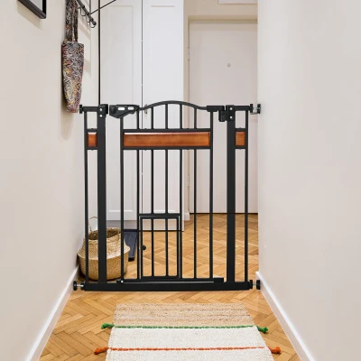 PawHut Dog Safety Gate with Cat Door, Auto Close Double Locking Pine Wood Decoration, for Doorways Stairs Indoor, 74-80 cm Wide, Black