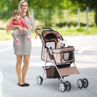 Pawhut Cat Stroller, Pram, Pushchair, Foldable, Zipper Entry Cup Holder Carrier Cart Wheels-Brown/Silver