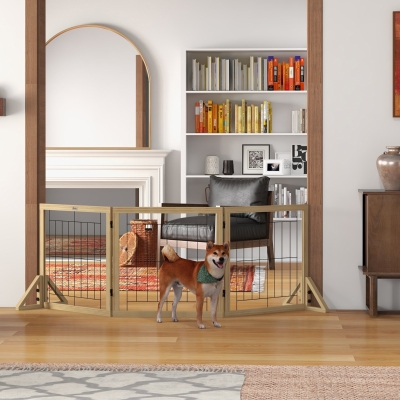 PawHut Barreira para Cães de Madeira Dobrável com 3 Painéis e Pés de Apoio Triangulares 210x44x70 cm Madeira