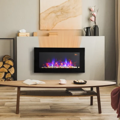 HOMCOM LED Wall Mounted Fireplace Curved Glass Electric Fire Place for Living Room, 1000W/2000W, 48H x 90.8W x 11.5Dcm, Black