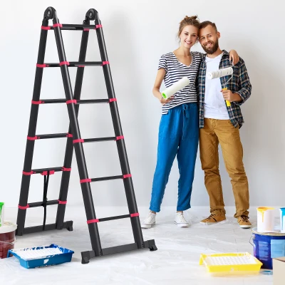 HOMCOM Escada de Alumínio Dobrável 2 Formas de Utilização Retrátil Escada Telescópica com 12 Degraus 67,5x11x379 cm Preto e Vermelho