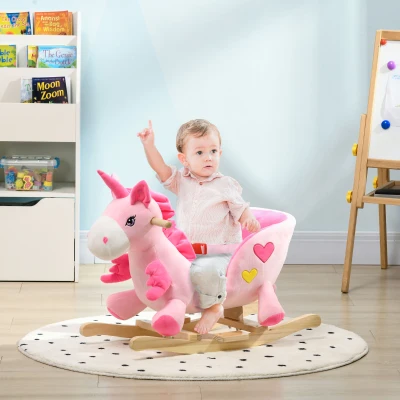 HOMCOM Cavalo Baloiço para Bebés Baloiço em Forma de Unicornio com Música Cinto de Segurança e Apoio para os Pés 65x35x45 cm Rosa