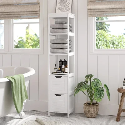 Kleankin Armário de banheiro alto Multiuso 3 prateleiras 2 gavetas 30x30x144 cm Branco