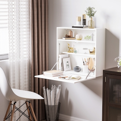 HOMCOM Secretária de Parede Moderna Dobrável Multifuncional com Prateleiras de Armazenamento Carga 40 kg 64x20x60 cm Branco