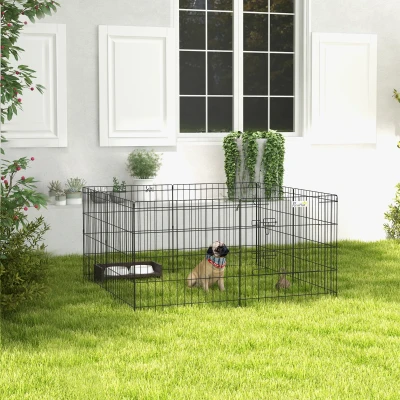 PawHut Parque para Cães 8 Painéis 61x61cm Dobráveis Gaiola Metálica para Animais de Estimação com Porta e Dupla Fechadura Preto