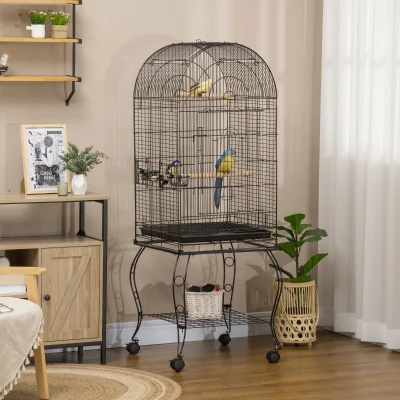 PawHut Gaiola para Pássaros com Suporte e Rodas Bandeja Amovível e 2 Tigelas para Papagaios Piriquito 51x51x153 cm  Preto