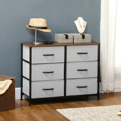HOMCOM Cómoda Estilo Industrial Cómoda com 6 Gavetas de Tecido Dobrável com Pés com Almofadas Ajustáveis 80x30x62,5 cm Cinza e Marrom