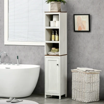 kleankin Coluna Casa de Banho Moderna com 3 Prateleiras Abertas e 2 Prateleiras Ajustáveis 32x30x161 cm Branco Envelhecido e Madeira