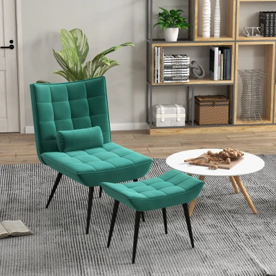 HOMCOM Accent Chair with Footstool Set, Tufted Upholstered Armless Lounge Chair with Pillow and Steel Legs for Living Room, Bedroom, Green