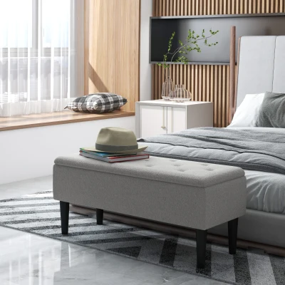HOMCOM 47L Foldable Storage Ottoman, End of Bed Bench with Wooden Legs, Fabric Footstool for Living Room, Bedroom, 95 x 38 x 45cm, Grey