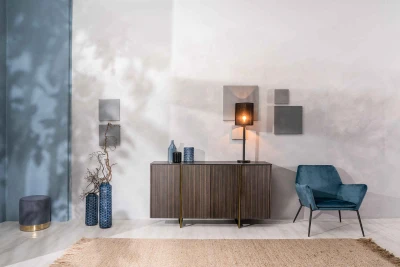 STONES Madia con top in ceramica marmo, struttura in MDF rovere, 4 ante con sistema push&pull, 40x160x85cm, marmo nero portoro, ebano