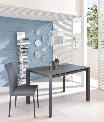 STONES Tavolo allungabile con top in vetro temperato acidato, 80x122/182x76cm, grigio