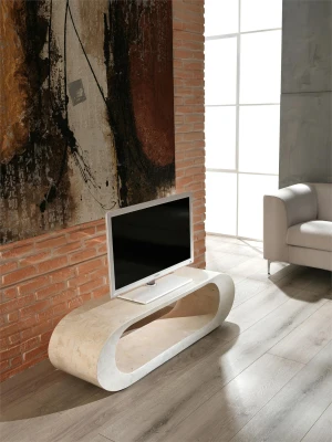 STONES Tavolino / Porta TV, Rivestimento in tessere di pietra fossile, 35x130x35cm, Beige