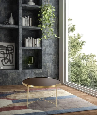 STONES Tavolino con top in vetro temperato e struttura in metallo, 70x70x40cm, ottone