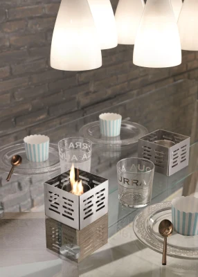 STONES Set di 3 biocamini da tavolo in acciaio satinato con bruciatori da 0,15L, 10x10x8cm, grigio cromo