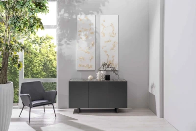 STONES Madia con Top in Ceramica Marmo, Struttura in MDF, 3 ante con Chiusura Ammortizzata, 45x150x85 cm, Marmo e Grigio Scuro