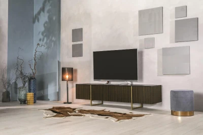 STONES Mobile TV con top in ceramica marmo, struttura in MDF ebano, 2 ante con chiusura ammortizzata, 40x180x45cm, marmo nero portoro, ebano