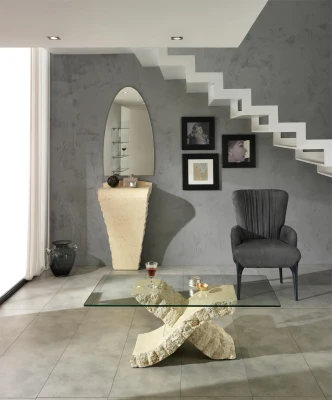 STONES Tavolino con base in pietra fossile e struttura in compensato marino rinforzato, top in vetro temperato 10mm, 70x120x40cm, trasparente