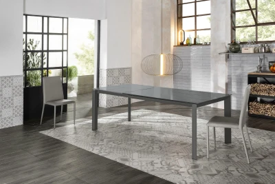 STONES Tavolo allungabile con top in vetro temperato e gambe in metallo, 90x140/220cm, grigio