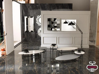 STONES Tavolino con top in ceramica con fondo in MDF e struttura in metallo, 40x40x45cm, bianco