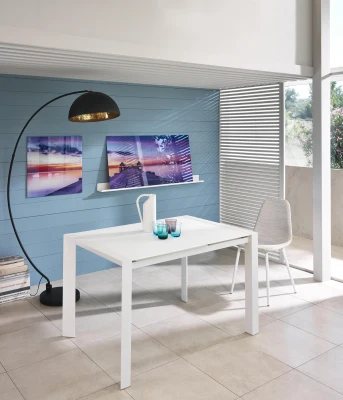 STONES Tavolo allungabile con top in vetro temperato acidato, 80x122/182x76cm, bianco