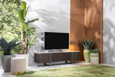 STONES Mobile TV con top in ceramica marmo, struttura in MDF ebano, 2 ante e 2 cassetti con chiusura ammortizzata, 40x180x45cm, marmo calacatta oro
