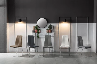 STONES Set 4 Sedie in similpelle con seduta e schienale imbottiti e gambe in metallo, 43x44x92cm, grigio scuro