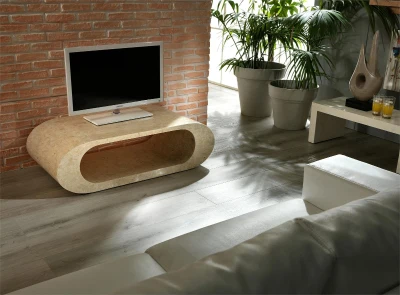 STONES Tavolino / Porta TV, Rivestimento in tessere di pietra fossile, 62x120x35cm, Beige