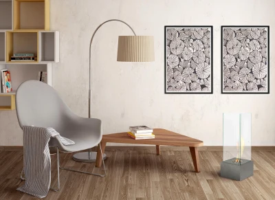 STONES Biocamino da terra in acciaio satinato con bruciatore da 0,7L,  25x25x65cm, grigio goffrato