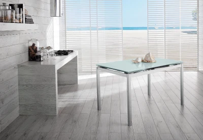 STONES Tavolo allungabile con top in vetro temperato e gambe in metallo, 80x130/200cm, bianco