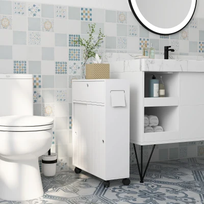 kleankin Armário Auxiliar Casa de Banho com 4 Rodas 2 Compartimentos para Papel Higiénico Armário e Prateleiras Ajustáveis 52x17x67 cm Branco