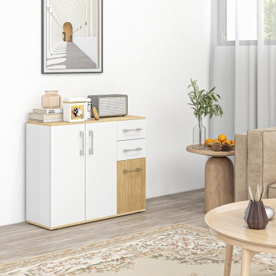 HOMCOM Aparador Sala de Estar Moderno com 2 Gavetas 2 Armários e Prateleiras Ajustáveis 90x30x75,5 cm Branco e Madeira