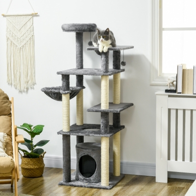 PawHut Arranhador para Gatos com Poste de Arranhar de Sisal Cama Caverna Plataformas e Bolas Suspensas 49x49x144 cm Cinza