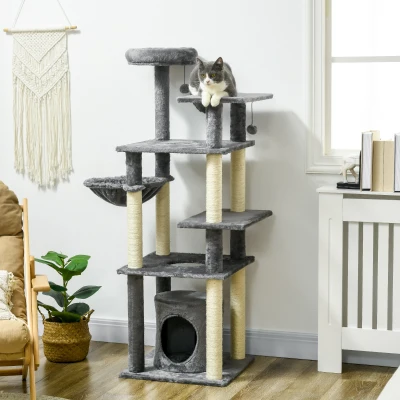 PawHut Arranhador para Gatos com Poste de Arranhar de Sisal Cama Caverna Plataformas e Bolas Suspensas 49x49x144 cm Cinza