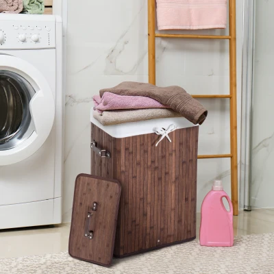 HOMCOM Cesto de Roupa de Bambu Dobrável Cesto para Roupa Suja 70L com Tampa e Bolsa Amovível 40x30x60 cm Bambu