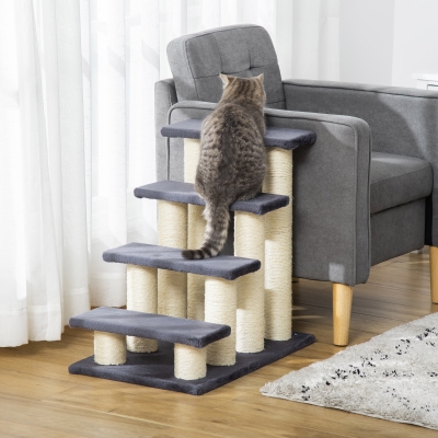 PawHut  Escadas para animais de estimação 60x42x61 cm Escadas para gatos pequenos cães mais velhos cobertura macia arranhador estável 4 degraus cinza