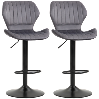 HOMCOM Conjunto de 2 Bancos Bar Giratórios e Ajustáveis em Altura Banco Alto Veludo com Encosto 47x51.5x94-114cm Cinza