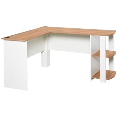 HOMCOM Secretária de Canto Mesa de Computador para Escritório Casa em Forma de L com Prateleiras 136x130x72 cm Branco e Madeira