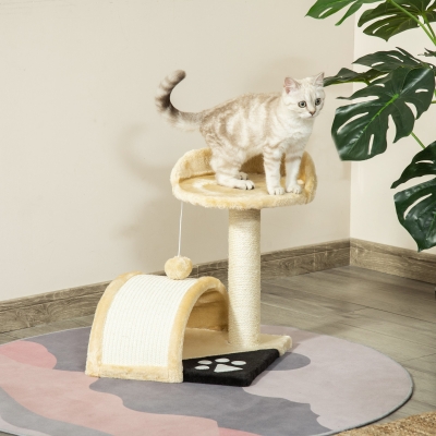 PawHut Árvore Arranhador para Gatos de 2 Níveis com Poste e Tapete de Arranhar Cama e Bola Suspensa 35,5x37x46 cm Bege