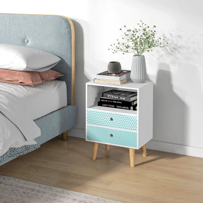HOMCOM Mesa de Cabeceira com 2 Gavetas e Prateleira Aberta Mesa de Cabeceira Multiuso 45x30x65 cm Branco e Azul