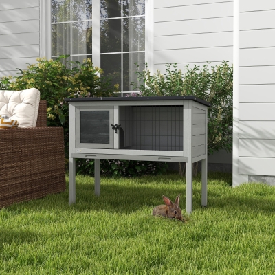 PawHut Coelheira de Madeira para Animais Pequenos com Bandeja Amovível e Teto Asfáltico 84x43x70 cm Cinza e Preto