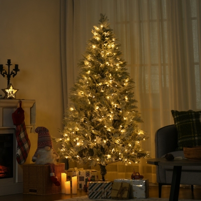 HOMCOM Árvore de Natal Artificial Nevada 180 cm com 300 Luzes LED 577 Ramos e Base Dobrável Verde