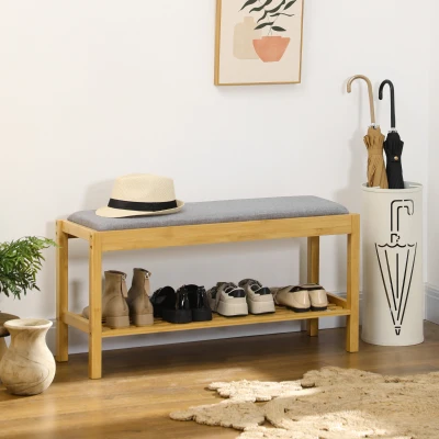 HOMCOM Banco Sapateira de Bambu com Assento Estofado para 3 Pares de Sapatos e Prateleira de 90x30x46 cm Madeira
