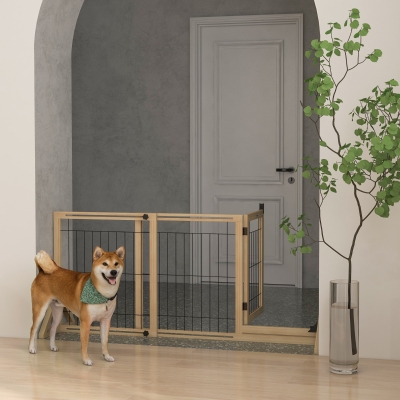 PawHut Barreira de Segurança para Cães Extensível de 2 Painéis e Pés de Apoio Triangular 112-159x44x70 cm Madeira