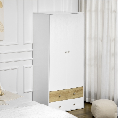 HOMCOM Roupeiro de Madeira Armário para Roupas com 2 Portas 2 Gavetas e 1 Barra para Pendurar 80x50x180 cm Branco e Carvalho