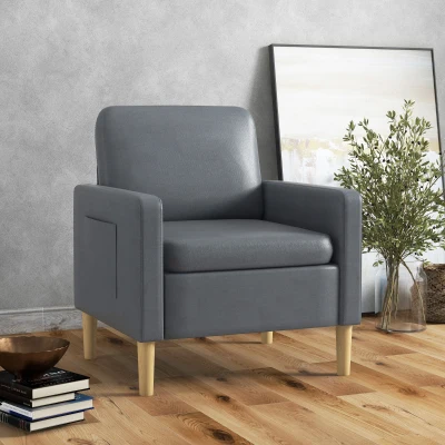HOMCOM Poltrona Sala de Estar Poltrona Relax com 2 Bolsos Laterais Apoio para os Braços Pés de Madeira 73x79x87 cm Cinza
