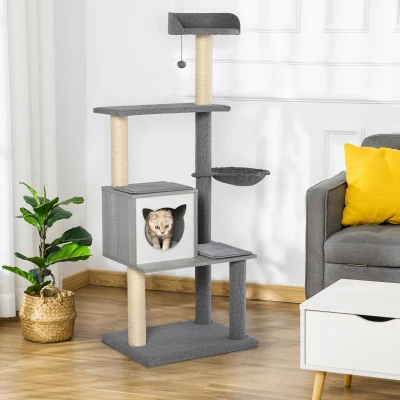 PawHut Árbol Rascador para Gatos Grande 61x49x160,5 cm Madera Torre de Escalada de Múltiples Niveles con Cueva Espaciosa Hamaca Suave Postes Juguete Colgante Cubierto de Felpa Gris