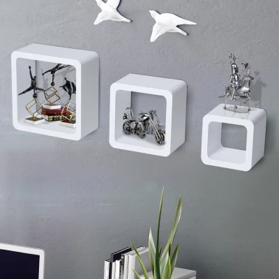 HOMCOM Conjunto de 3 Cubos Flotantes Estantes de Pared para Libros Decoración de 25x25 cm 20x20 cm y 15x15 cm Blanco