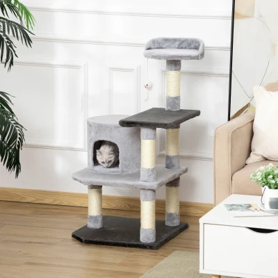 PawHut Torre para Gatos con Plataformas Casetas Ratón de Juego Postes para Rascar y Cubierto de Felpa 48x48x100 cm Gris