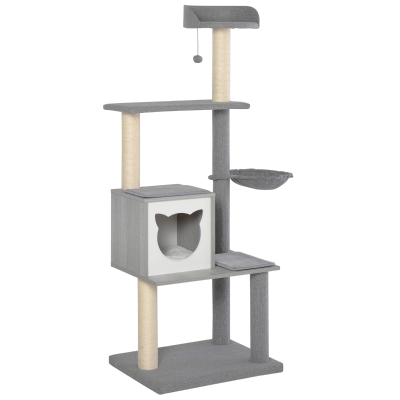 PawHut Árbol Rascador para Gatos Grande 61x49x160,5 cm Madera Torre de Escalada de Múltiples Niveles con Cueva Espaciosa Hamaca Suave Postes Juguete Colgante Cubierto de Felpa Gris